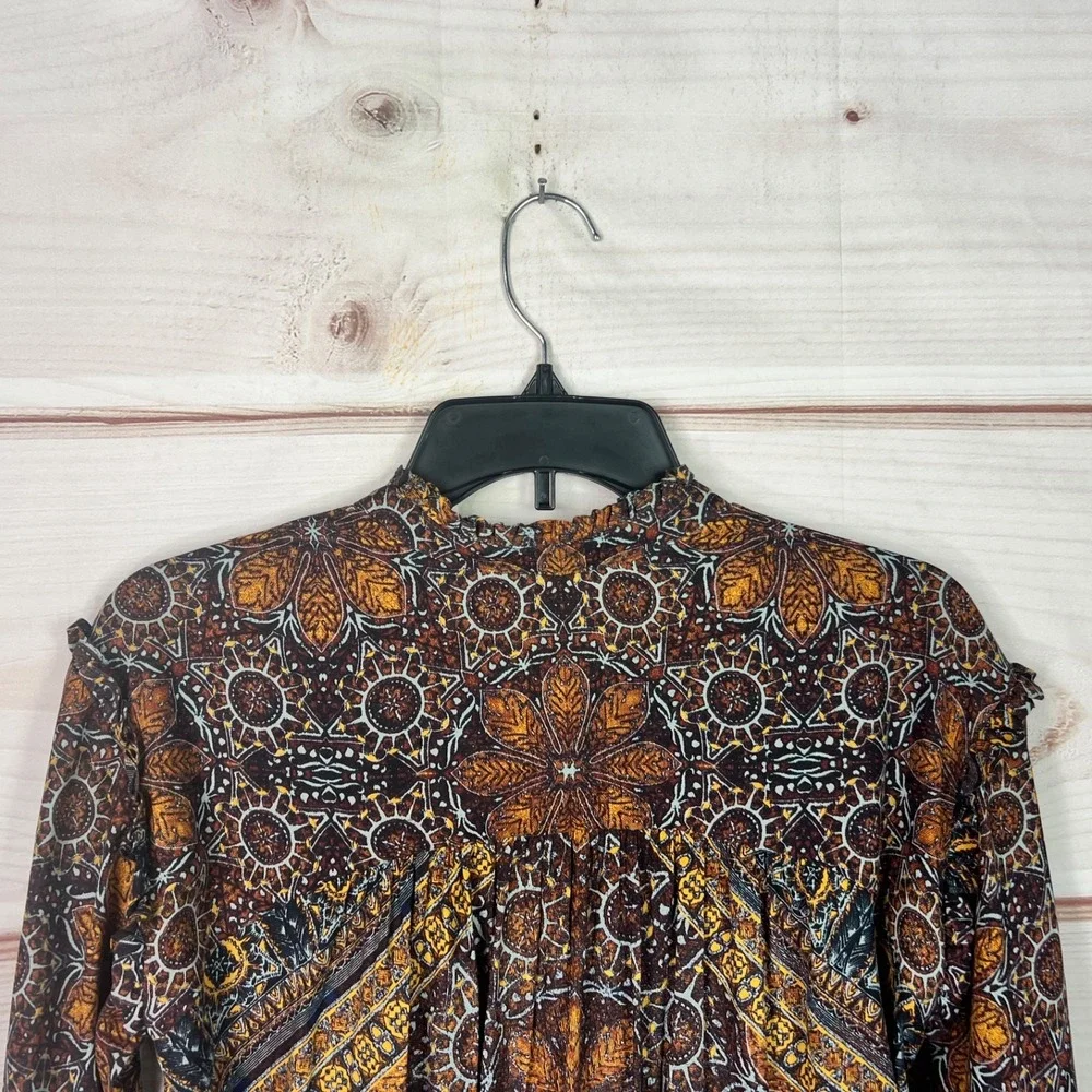 Free People Top Womens XS Little Runaway Blouse Multicolor Tie Neck Boho Peasant